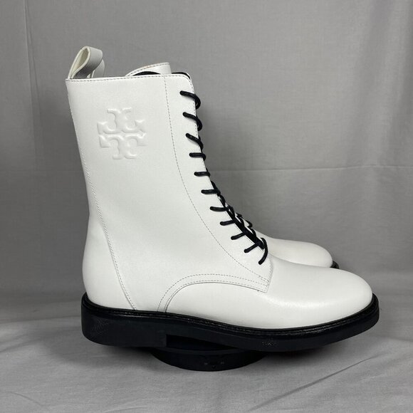 Tory Burch Women's Double T-Croc Embossed White Leather Combat Boots Size 9-NEW